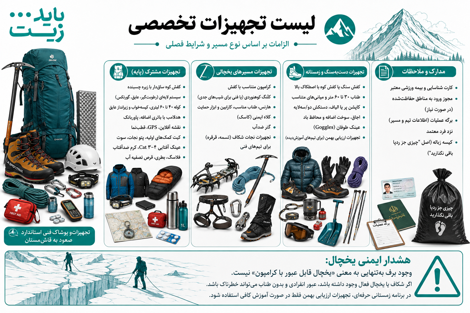 تجهیزات و پوشاک فنی استاندارد صعود به قاش‌مستان